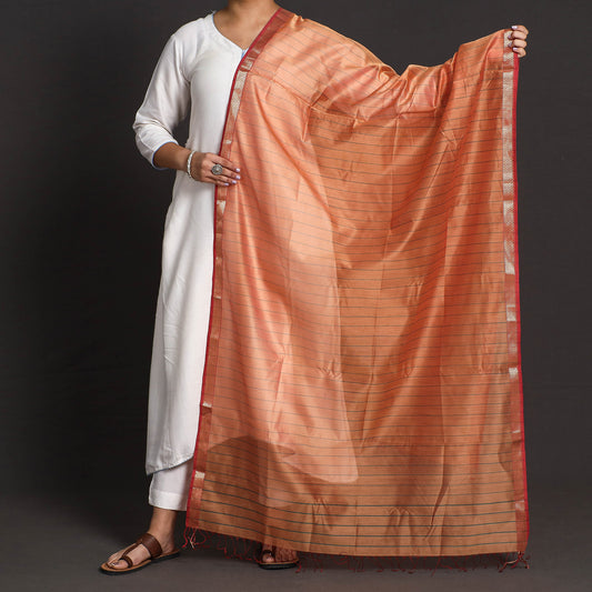 Orange - Traditional Maheshwari Silk Cotton Handloom Striped Zari Work Dupatta with Tassels