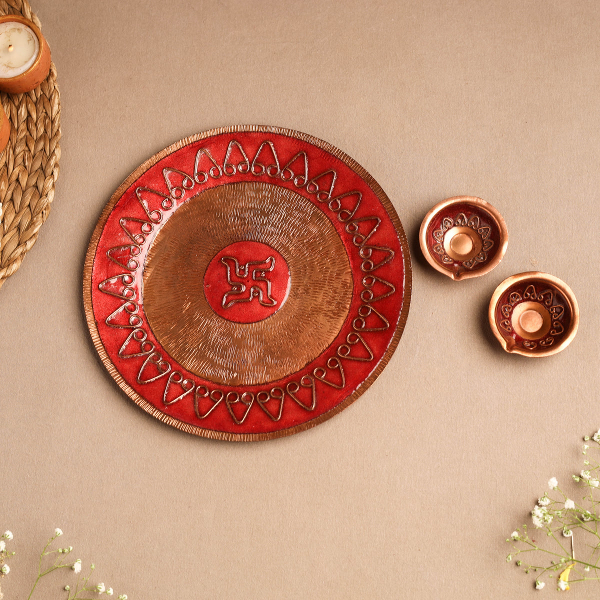 Ekibeki Handcrafted Copper Enamel Archana Pooja Thali & Diya Combo 02