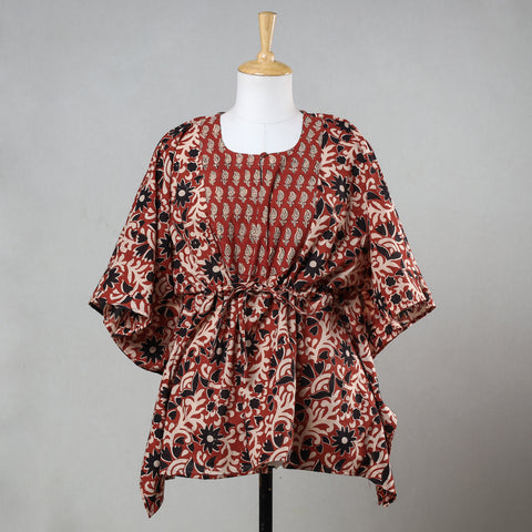 Red - Bagru Block Printed Cotton Kaftan with Tie-Up Waist (Short)