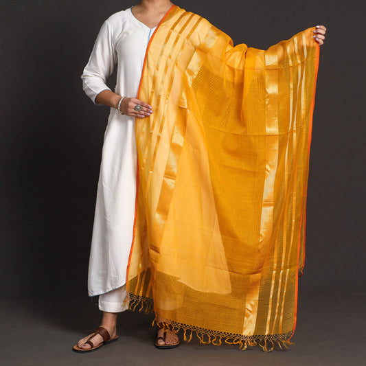 Orange - Traditional Maheshwari Silk Cotton Handloom Missing Checks Zari Work Dupatta with Tassels