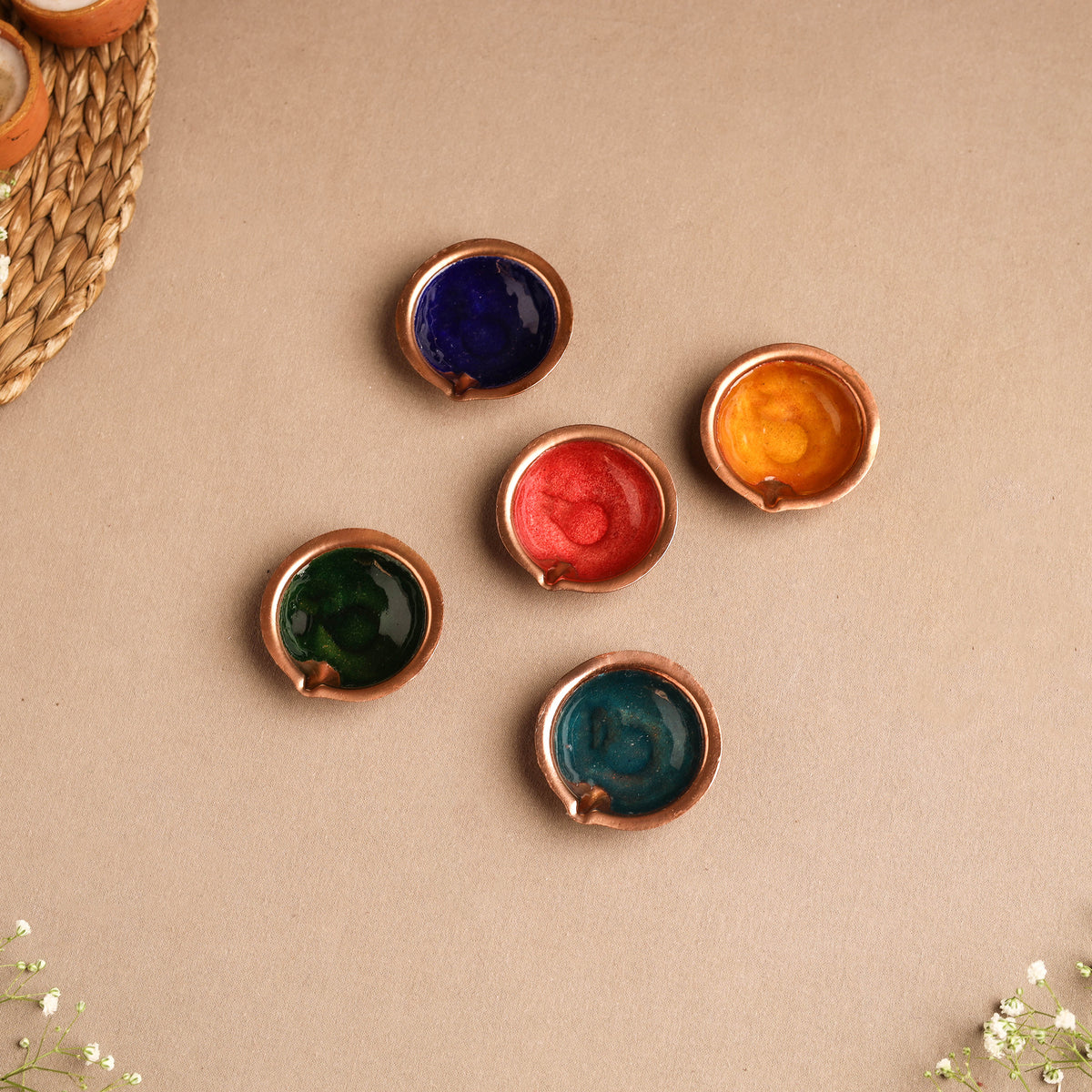 Ekibeki Handcrafted Copper Enamel Rangoli Diyas (Set Of 5) 01