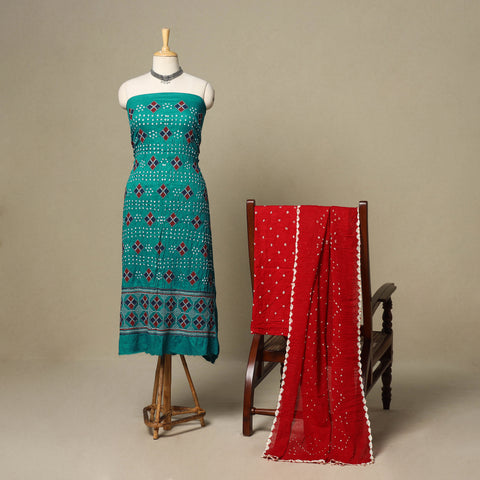Green - 3pc kutch tie-dye satin cotton unstitched bandhani