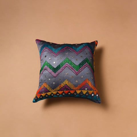 Blue - Zig-Zag Hand Embroidered Cushion Cover (16 x 16 in) 10