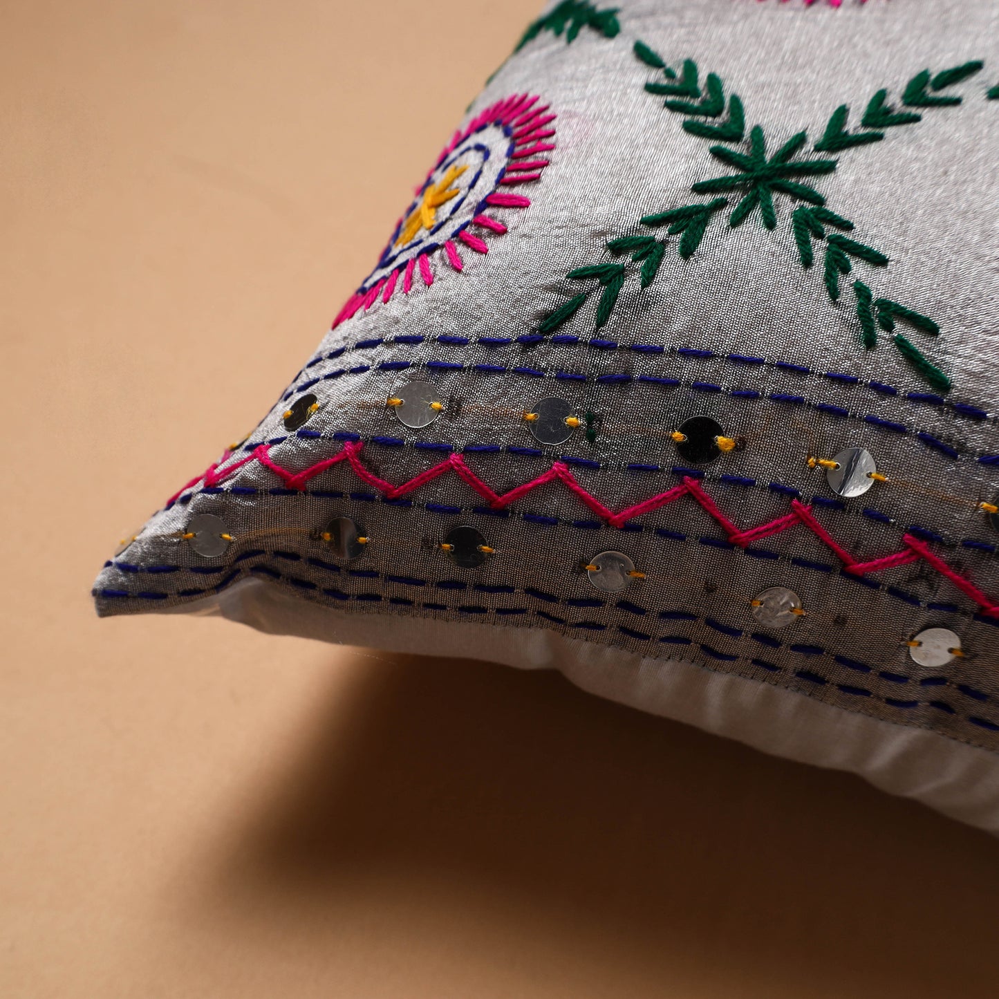 Floral Hand Embroidered Cushion Cover (16 x 16 in) 12