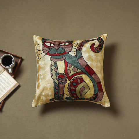 Beige - silk thread crewel hand embroidery cushion cover