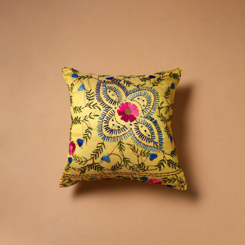 Yellow - Floral Hand Embroidered Cushion Cover (16 x 16 in) 26