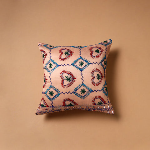 Peach - Floral Hand Embroidered Cushion Cover (16 x 16 in) 07
