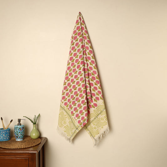 Pink - Block Printed Handloom Cotton Sanganeri Towel 08