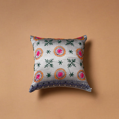Grey - Floral Hand Embroidered Cushion Cover (16 x 16 in) 21