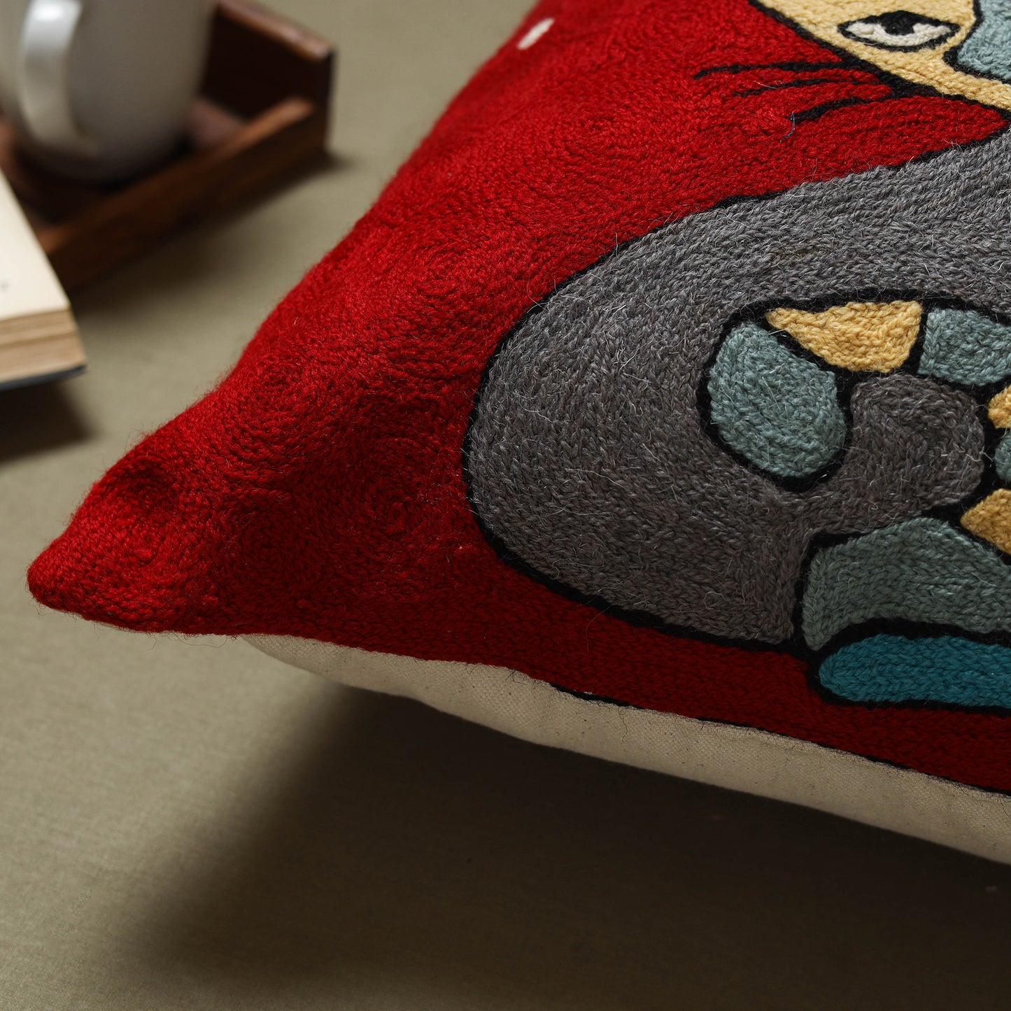 Red - wool thread crewel hand embroidery cushion cover (18