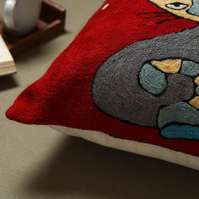 Red - wool thread crewel hand embroidery cushion cover (18