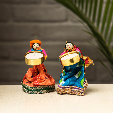 Rajasthani Puppet Couple Handmade Tealight Candle Holders (Set of 2)