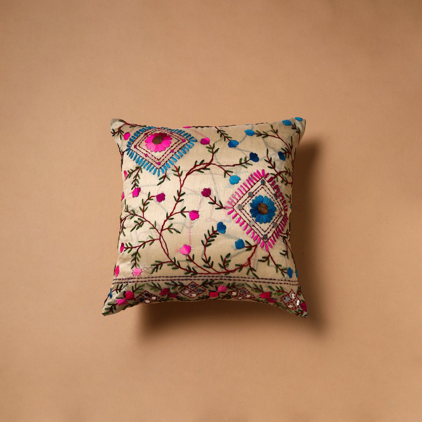 Floral Hand Embroidered Cushion Cover (16 x 16 in) 05