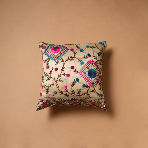 Beige - Floral Hand Embroidered Cushion Cover (16 x 16 in) 05