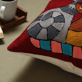 Red - wool thread crewel hand embroidery cushion cover (16