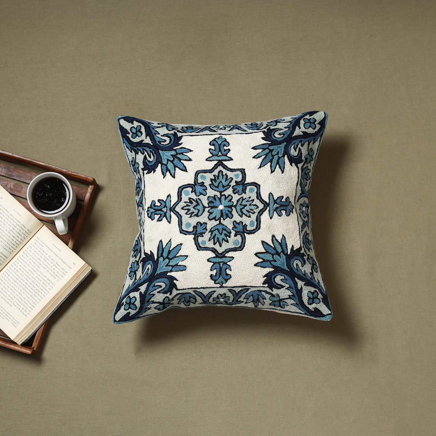 Blue - wool thread crewel hand embroidery cushion cover (16