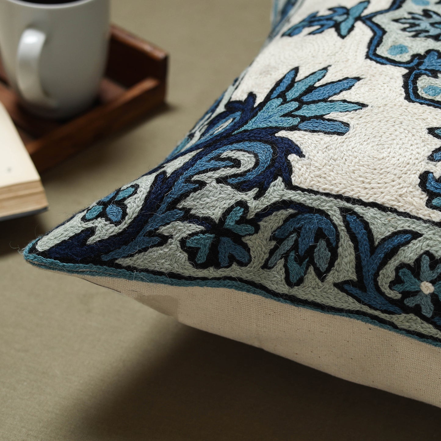Blue - wool thread crewel hand embroidery cushion cover (16