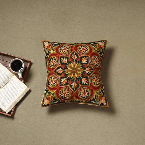Brown - wool thread crewel hand embroidery cushion cover