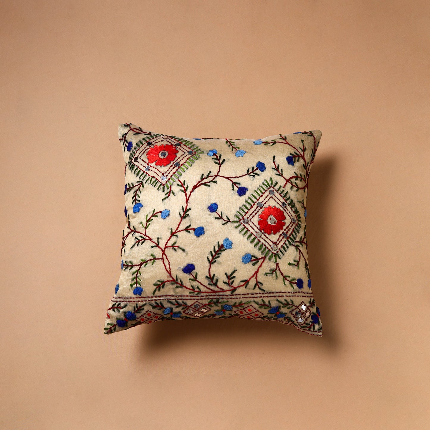 Floral Hand Embroidered Cushion Cover (16 x 16 in) 27