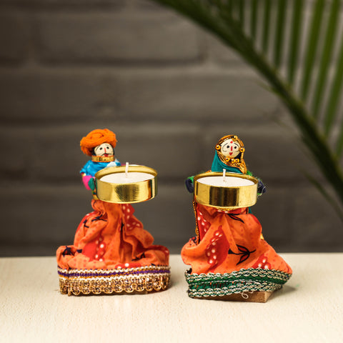 Rajasthani Puppet Couple Handmade Tealight Candle Holders (Set of 2)