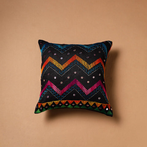 Black - Zig-Zag Hand Embroidered Cushion Cover (16 x 16 in) 23