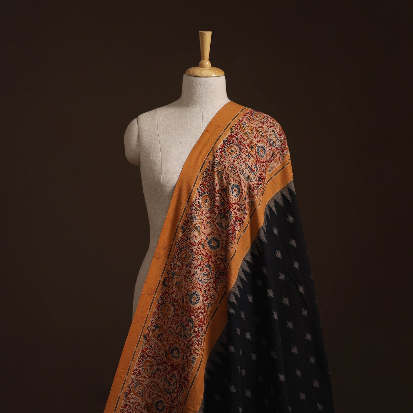 Handloom Cotton Pochampally Ikat Fabric with Kalamkari Border 04