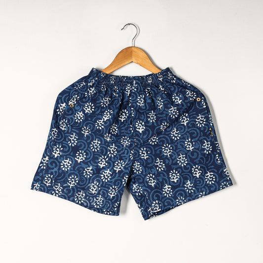 Blue - Indigo Block Printed Cotton Unisex Boxer/Shorts