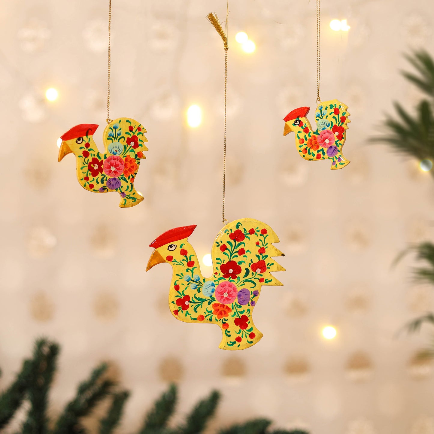 Kashmiri Handpainted Paper Mache Hen Hangings for Home Decor (Set of 3) 60