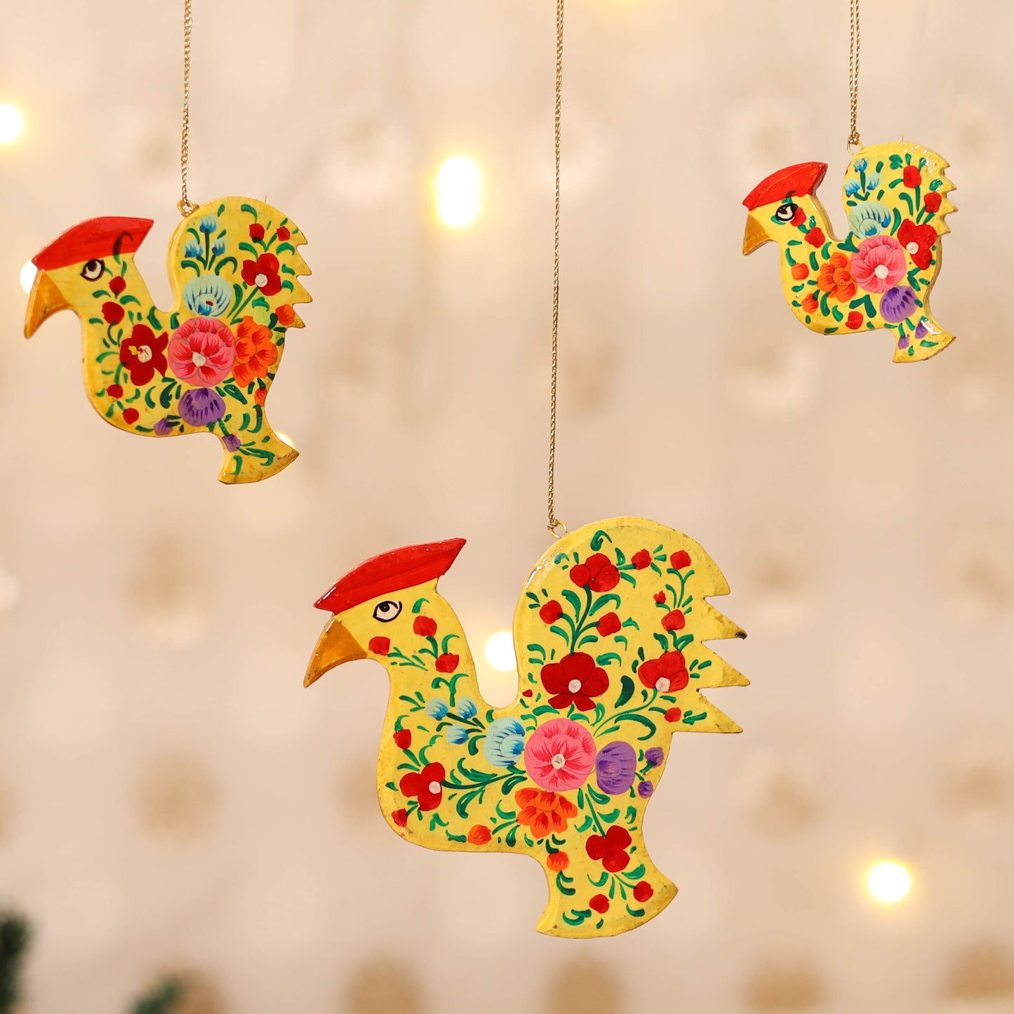 Kashmiri Handpainted Paper Mache Hen Hangings for Home Decor (Set of 3) 60