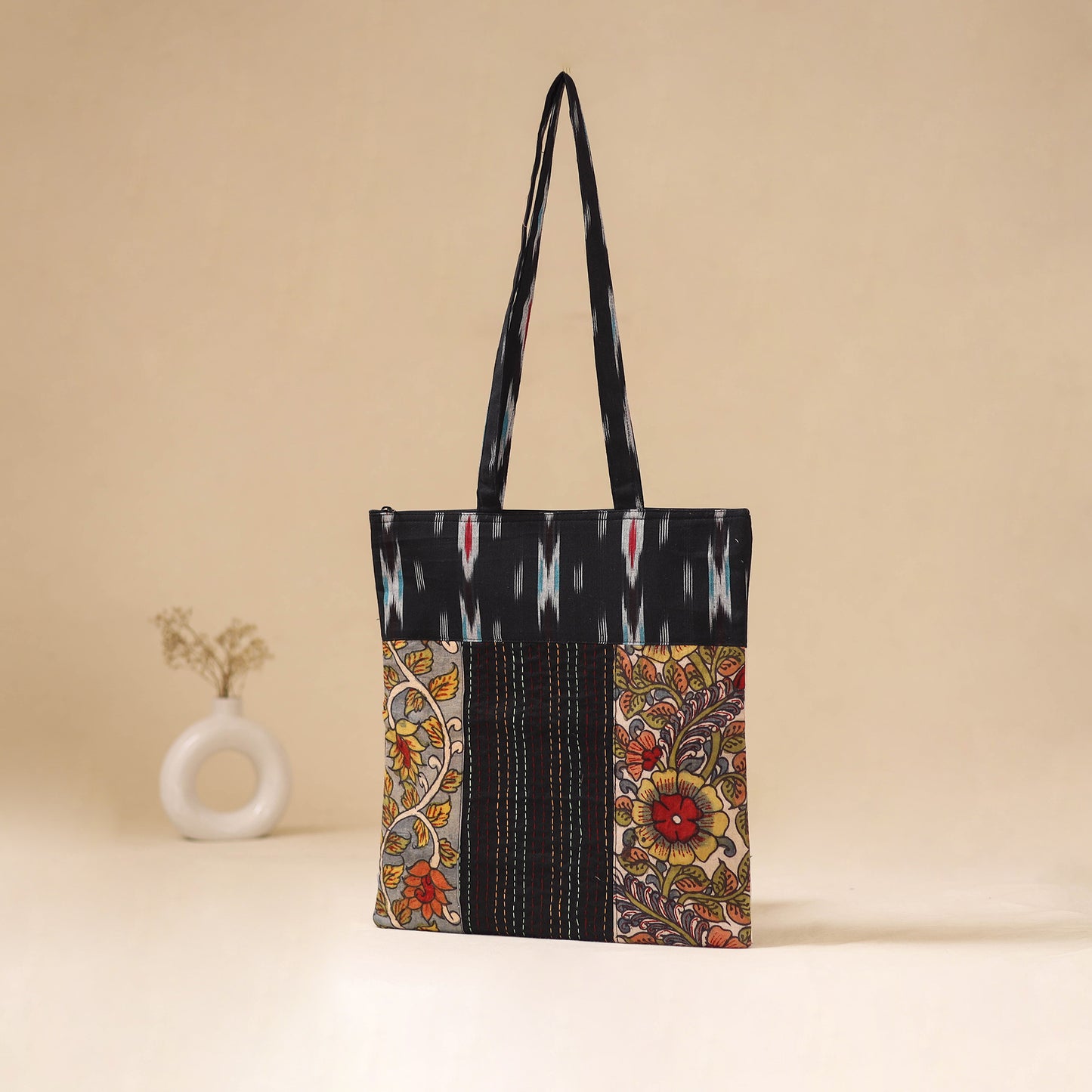 Srikalahasti Handpainted Kalamkari Ikat Patch Shoulder Bag by Dwarka Plus 58