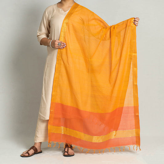 Orange - Original Mangalagiri Handloom Cotton Dupatta with Zari Border