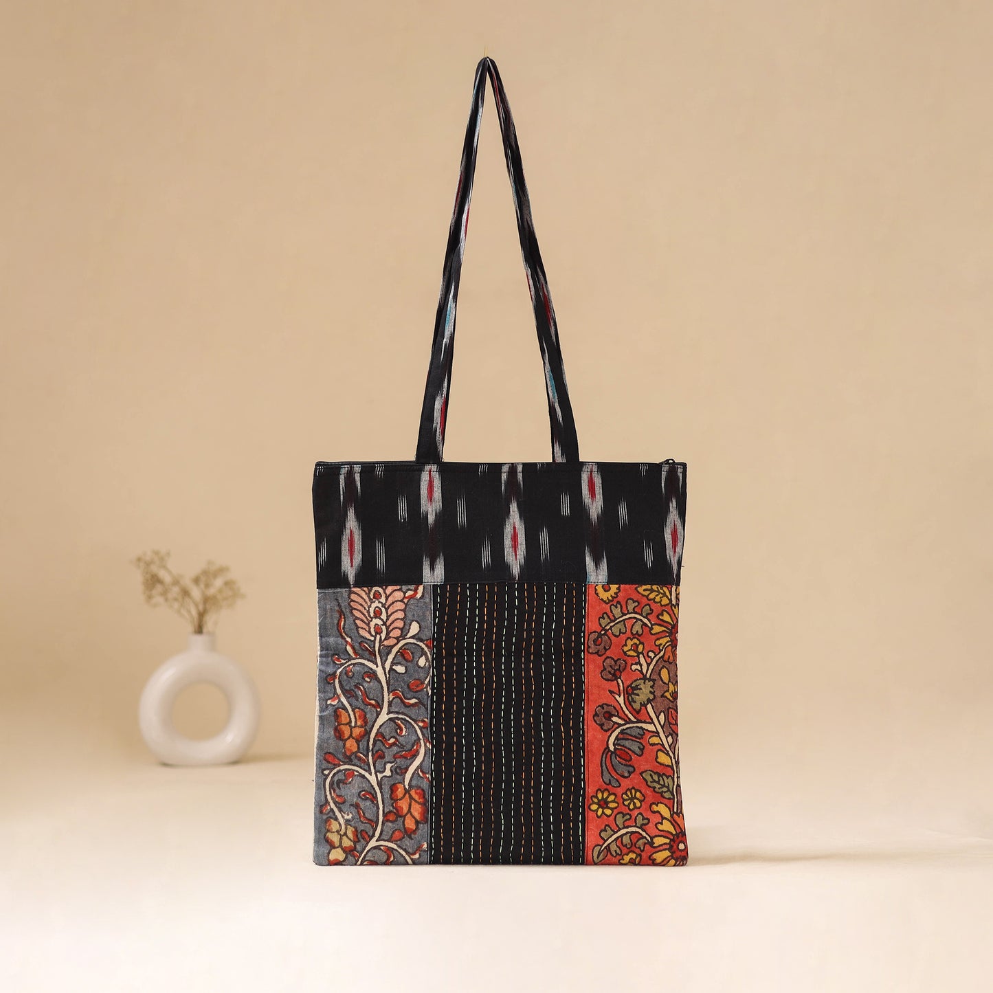 Srikalahasti Handpainted Kalamkari Ikat Patch Shoulder Bag by Dwarka Plus 58