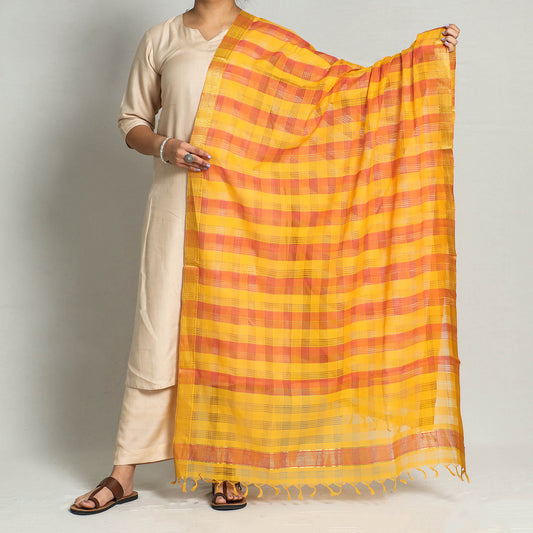 Yellow - Original Mangalagiri Handloom Cotton Dupatta with Zari Border