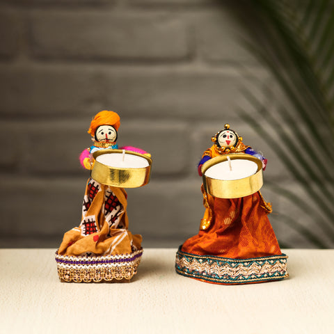 Rajasthani Puppet Couple Handmade Tealight Candle Holders (Set of 2)