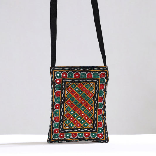 Multicolor - Kutch Abhla Hand Embroidery Mirror Work Mashru Silk Sling Bag 01