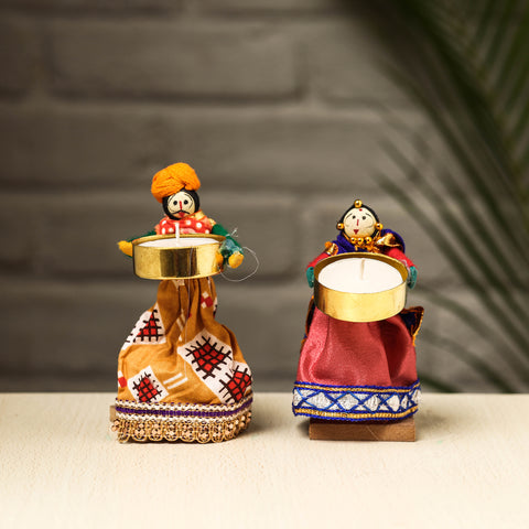 Rajasthani Puppet Couple Handmade Tealight Candle Holders (Set of 2)