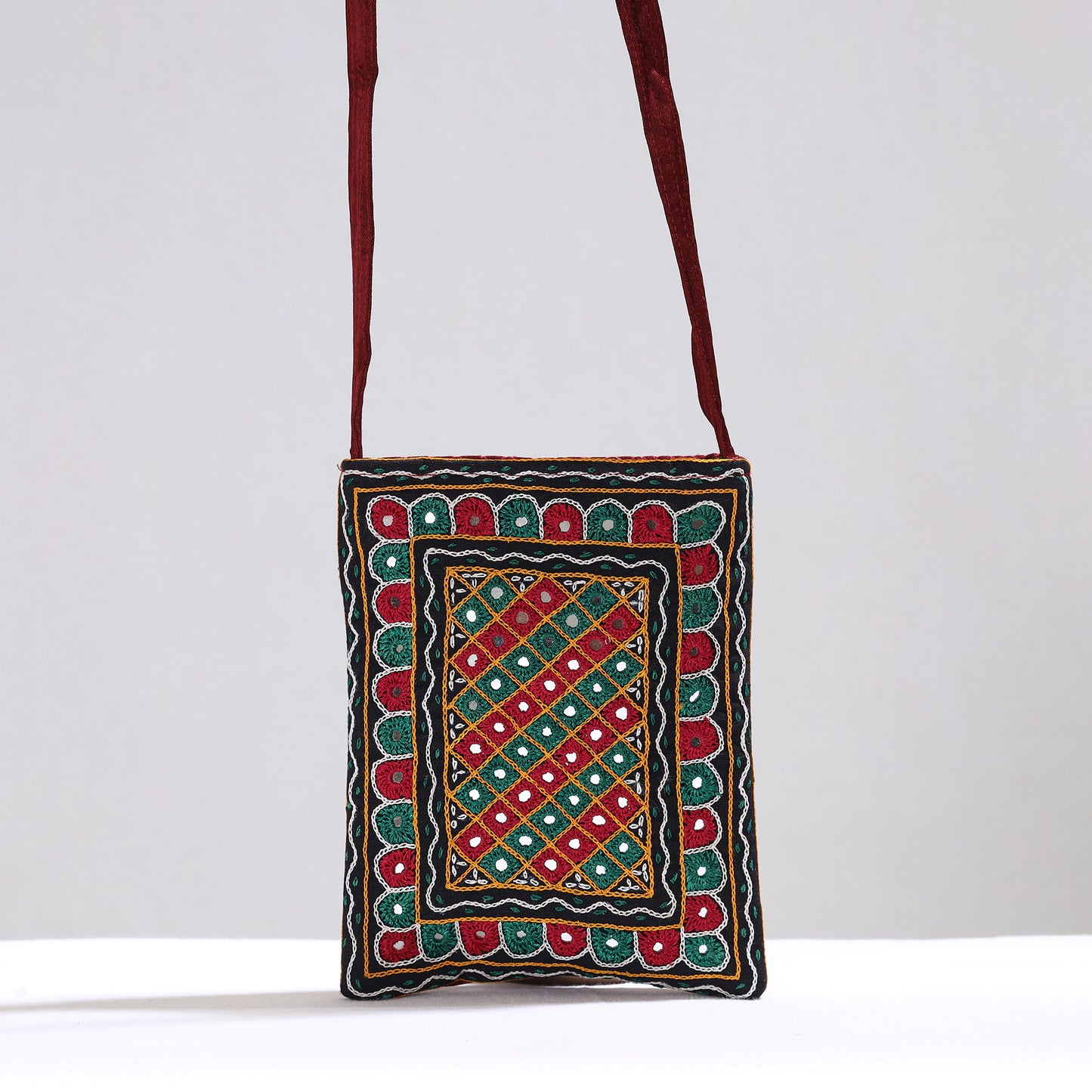 Multicolor - Kutch Abhla Hand Embroidery Mirror Work Mashru Silk Sling Bag 02