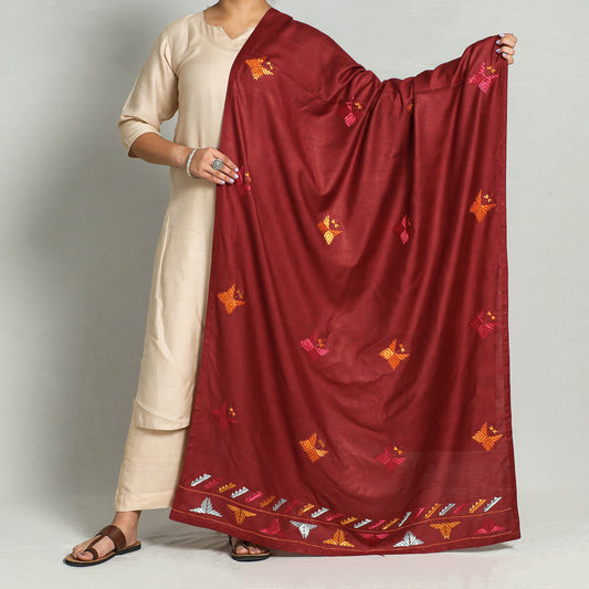 Red - Phulkari Hand Embroidery Silk Handloom Dupatta