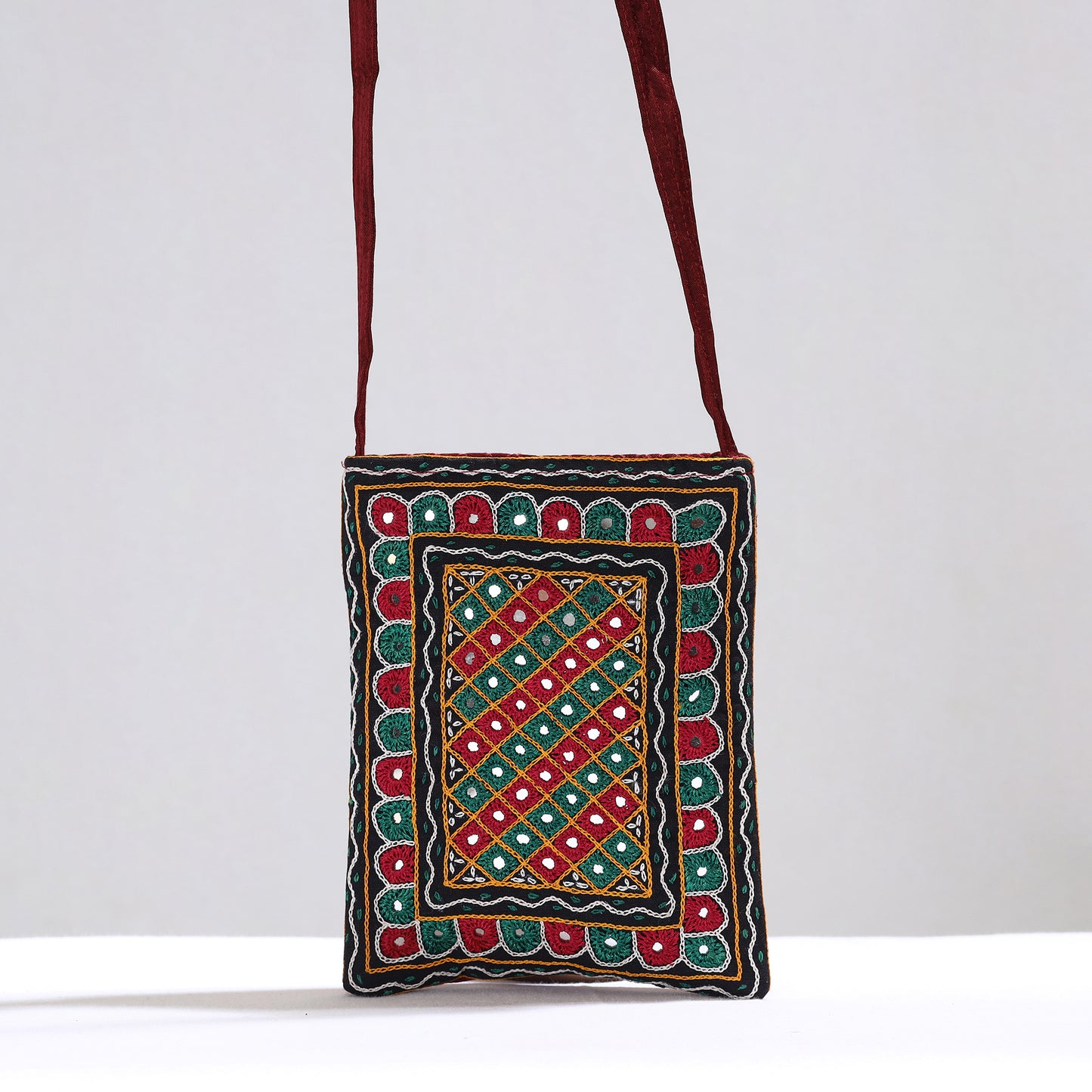 Multicolor - Kutch Abhla Hand Embroidery Mirror Work Mashru Silk Sling Bag 02
