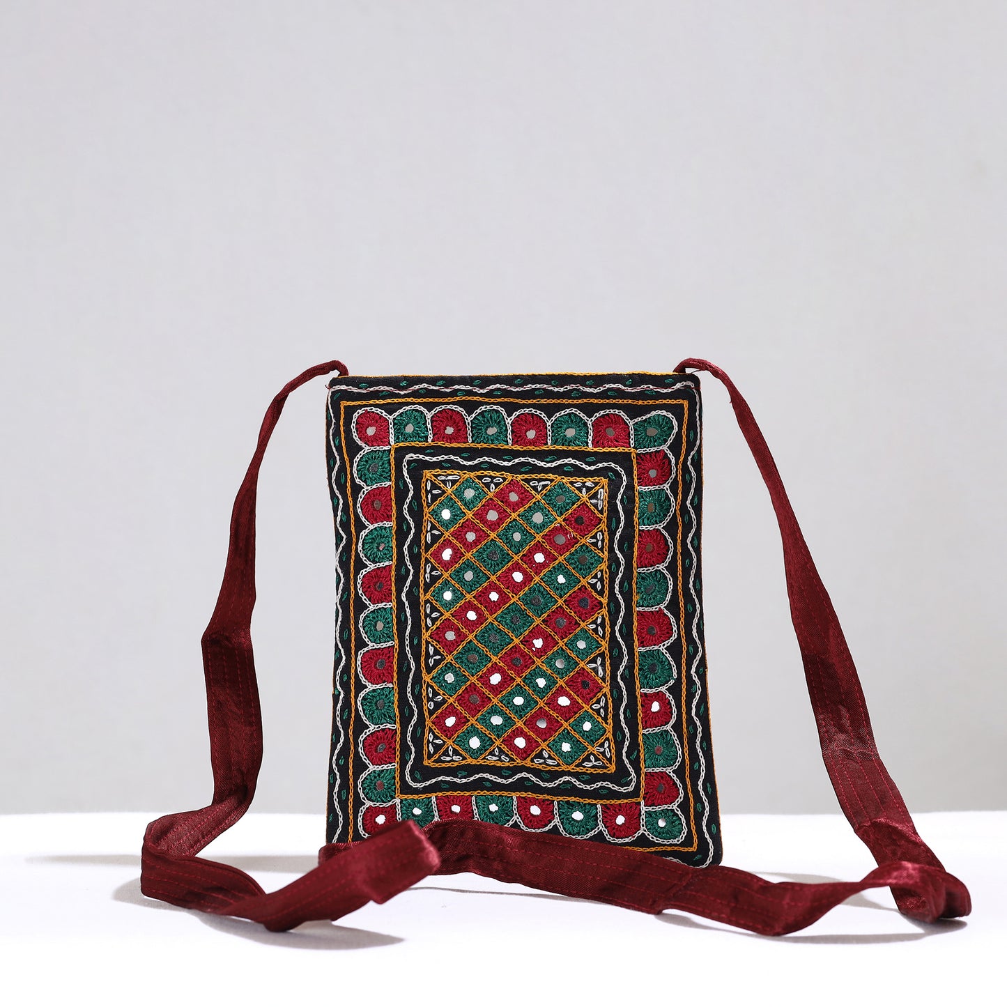 Multicolor - Kutch Abhla Hand Embroidery Mirror Work Mashru Silk Sling Bag 02