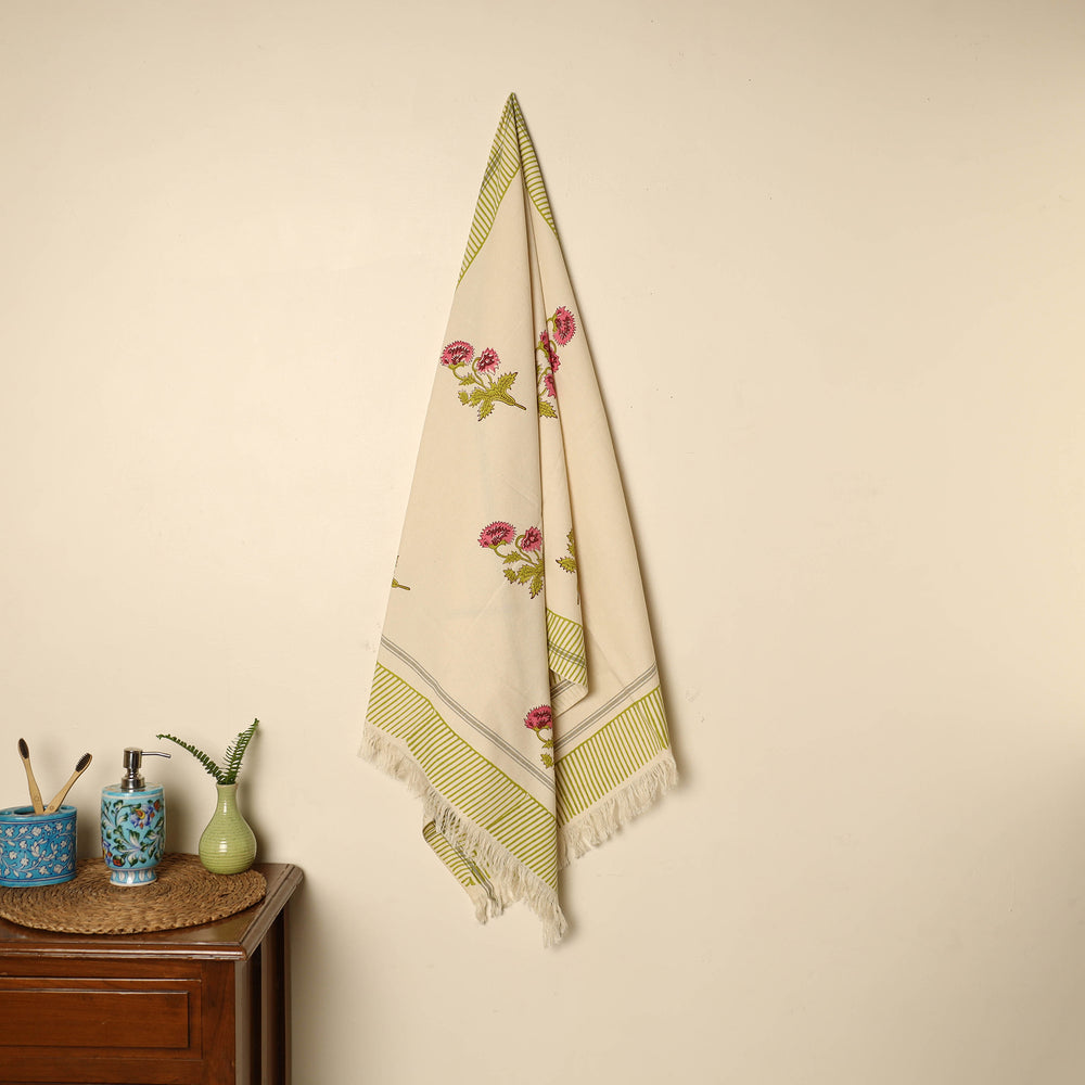 Beige - Block Printed Handloom Cotton Sanganeri Towel 45