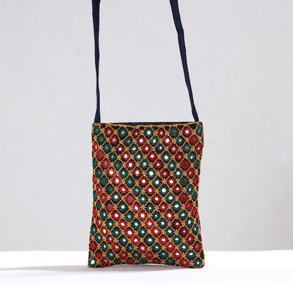 Multicolor - Kutch Abhla Hand Embroidery Mirror Work Mashru Silk Sling Bag 05