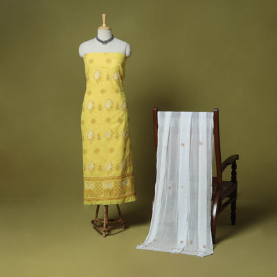 Yellow - 3pc hand embroidery cotton lucknow chikankari