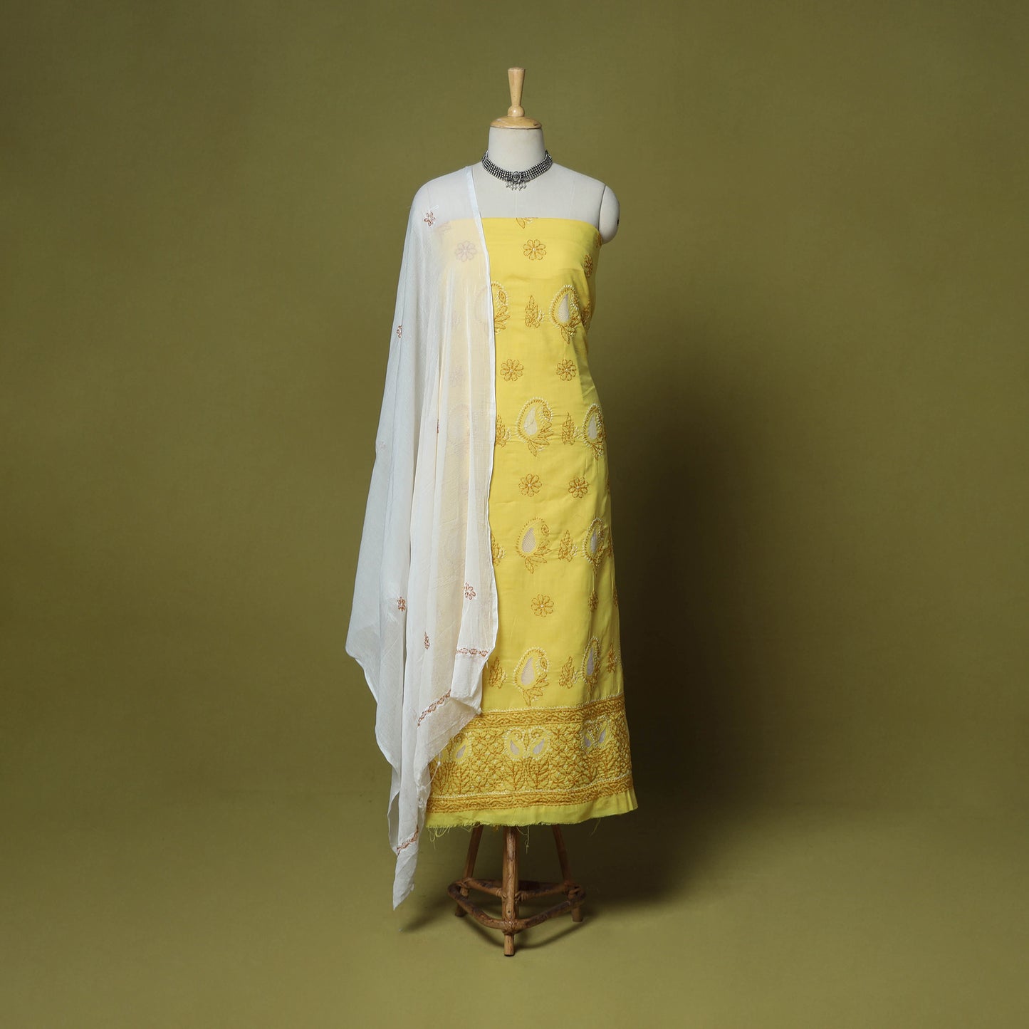 Yellow - 3pc hand embroidery cotton lucknow chikankari