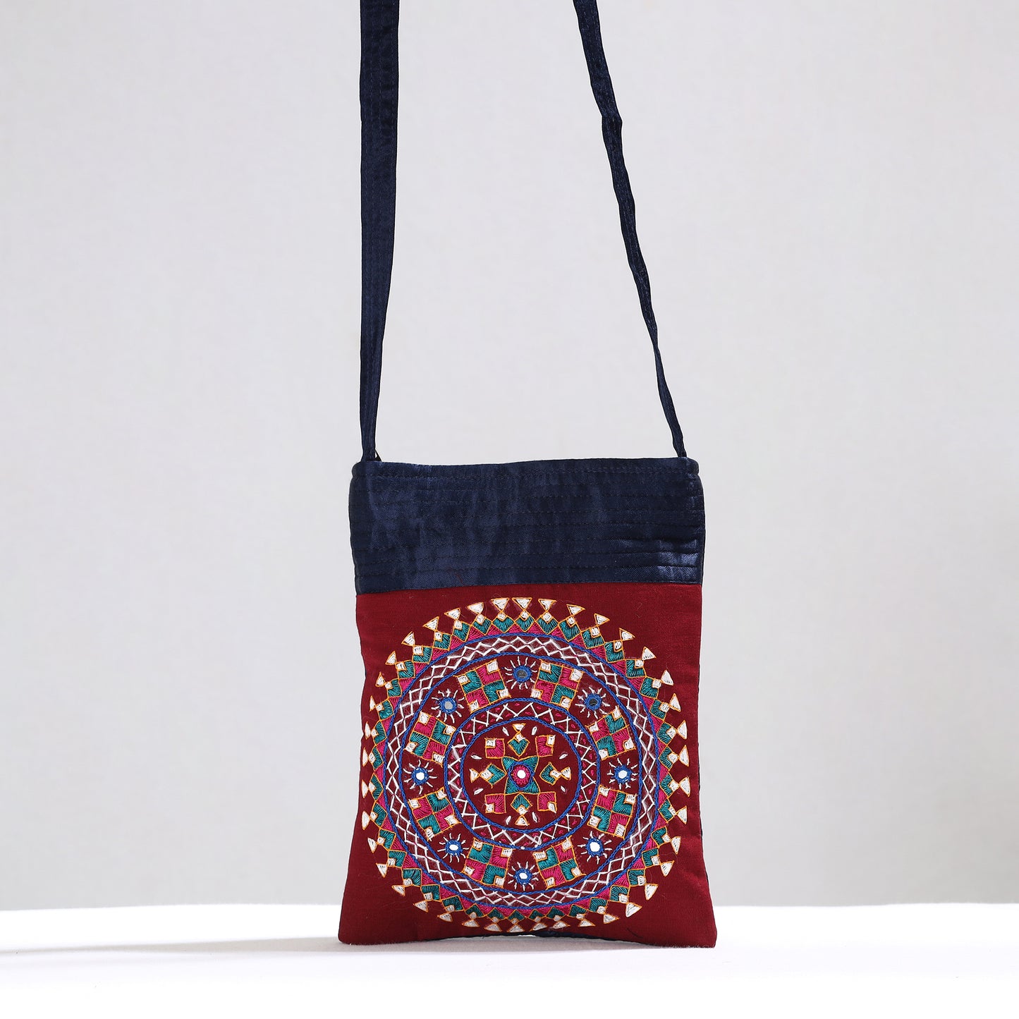 Red - Kutch Neran Hand Embroidery Mirror Work Mashru Silk Sling Bag 07