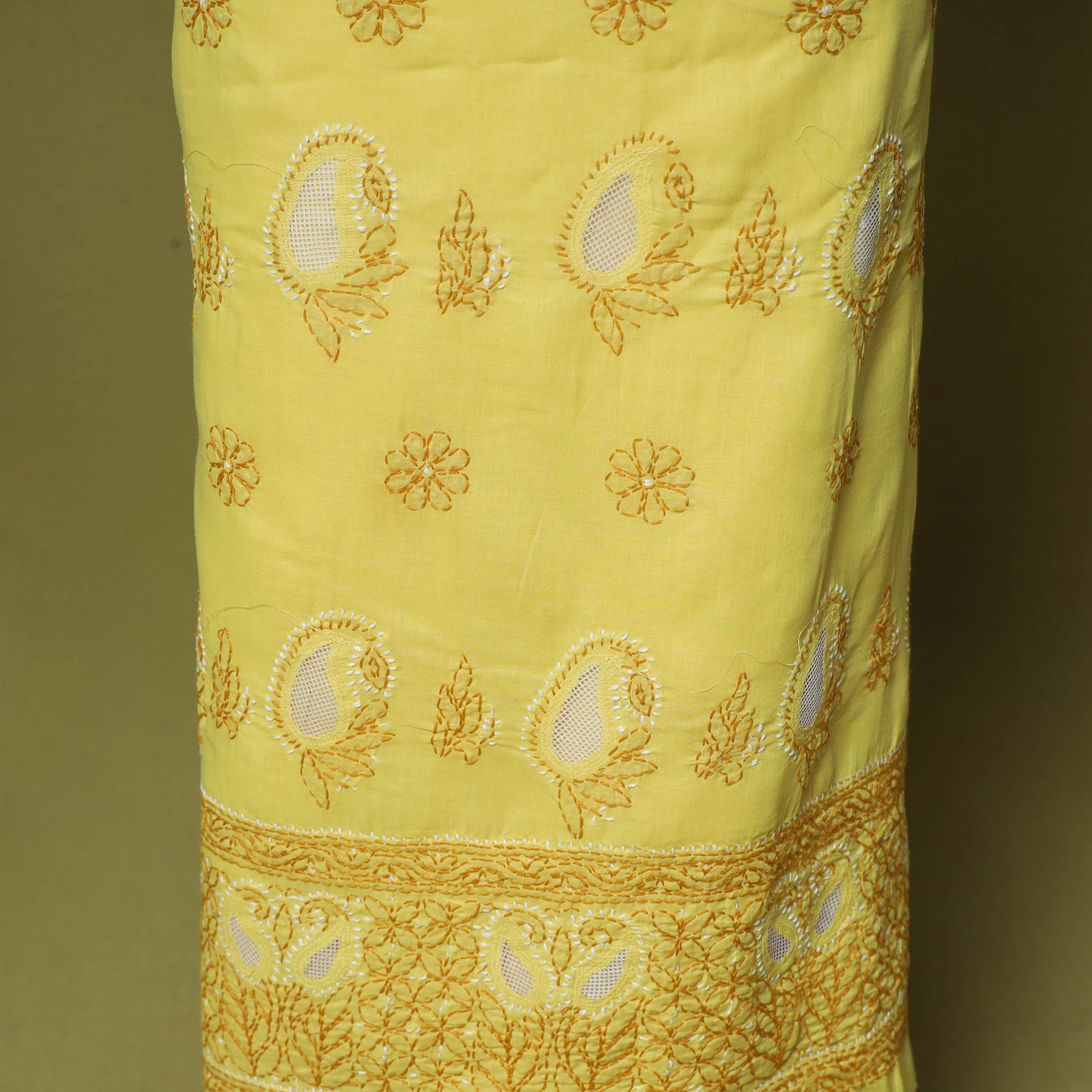 Yellow - 3pc hand embroidery cotton lucknow chikankari