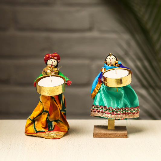 Rajasthani Puppet Couple Handmade Tealight Candle Holders (Set of 2)