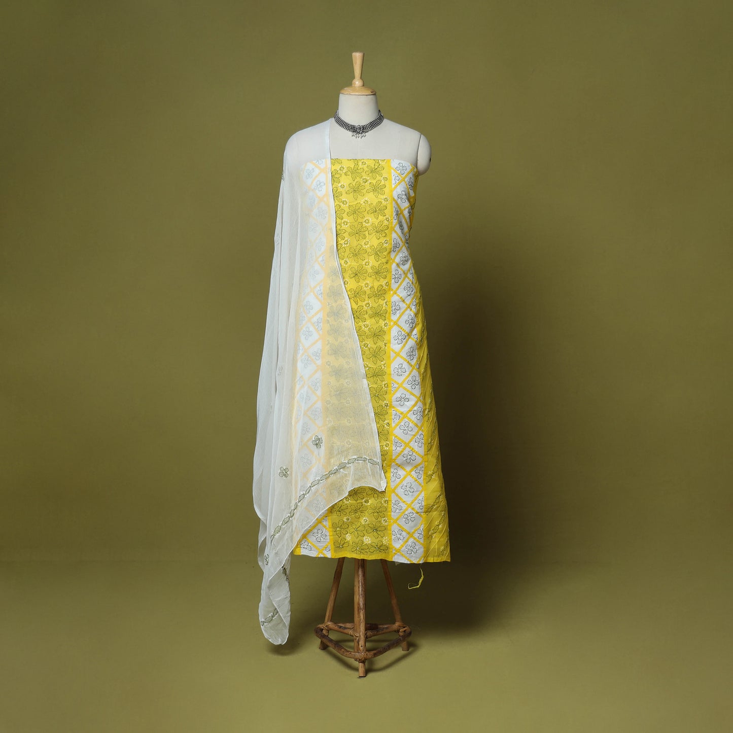 Yellow - 3pc hand embroidery cotton lucknow chikankari