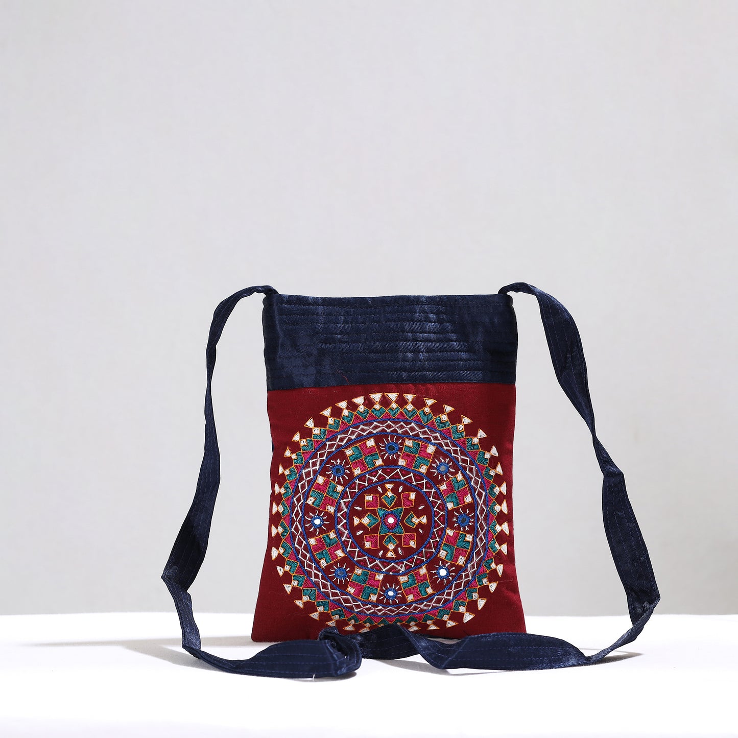 Red - Kutch Neran Hand Embroidery Mirror Work Mashru Silk Sling Bag 07