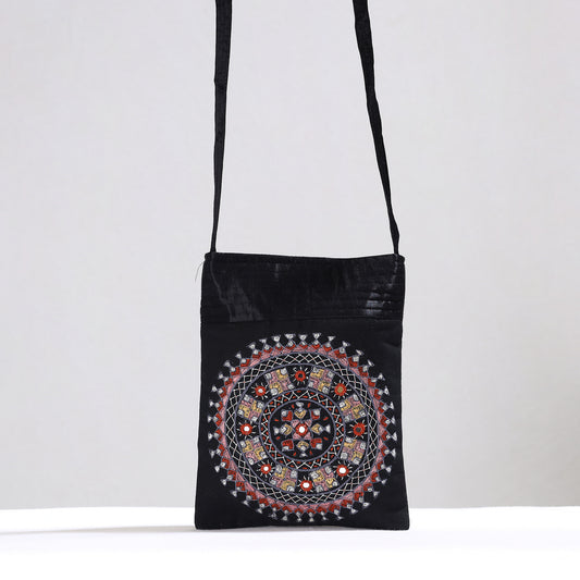 Black - Kutch Neran Hand Embroidery Mirror Work Mashru Silk Sling Bag 08